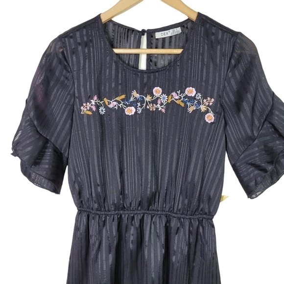 Dex Black Embroidered Striped Chiffon Frill Sleeve Dress Size S Small - Picture 8 of 13